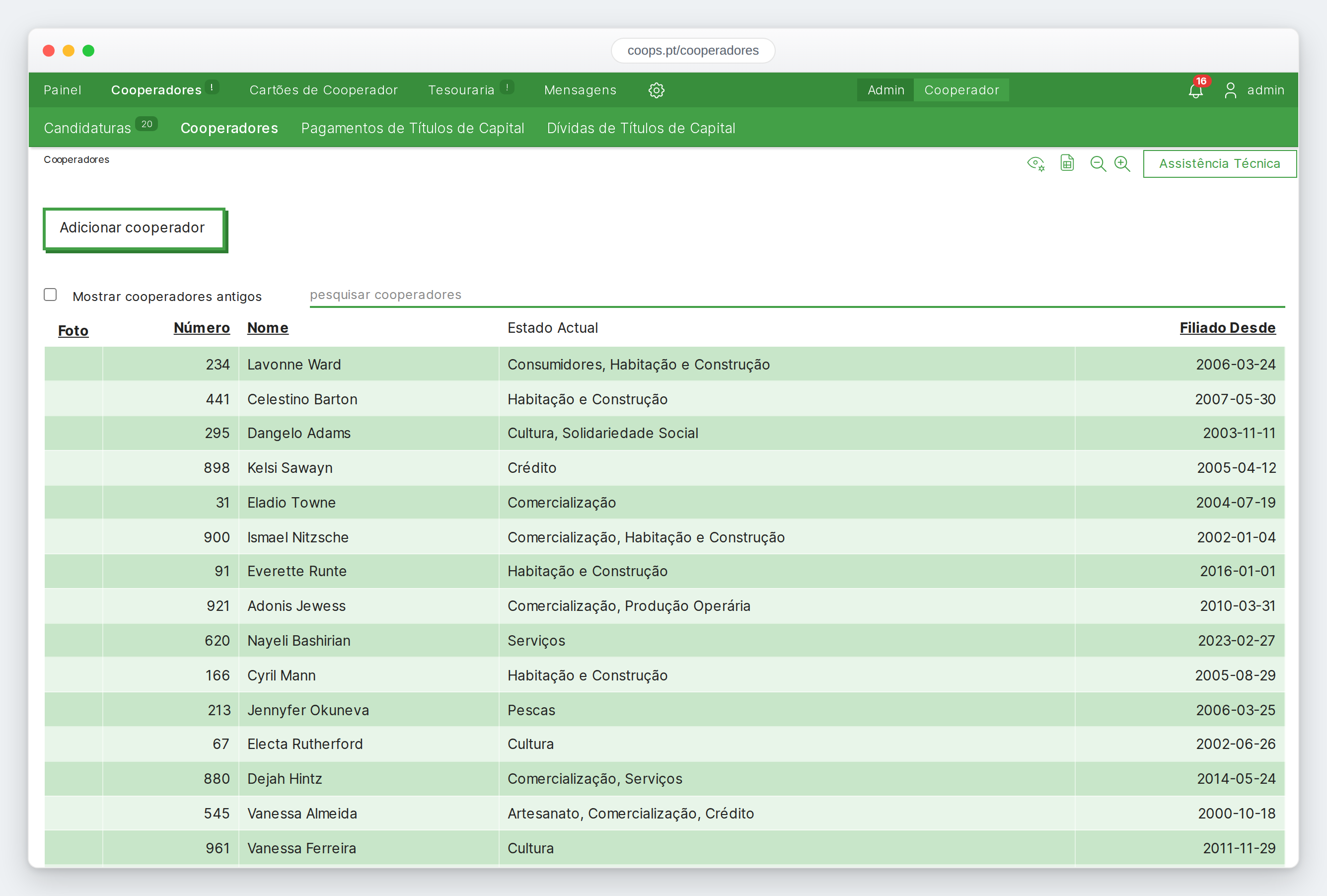 Lista de cooperadores com a pesquisa e a opção de mostrar antigos