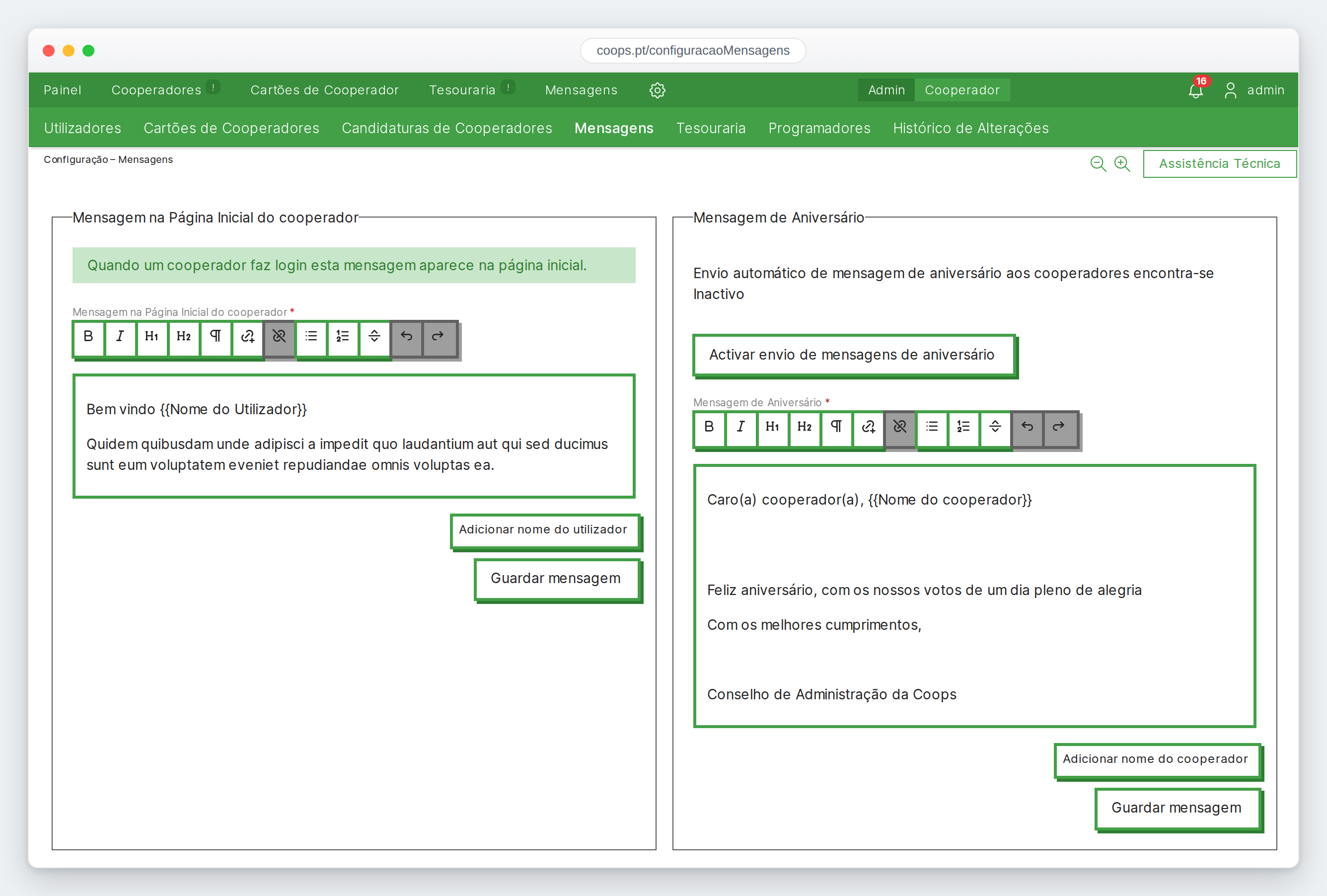 A página de configuração de mensagens, com os vários modelos e as etiquetas
