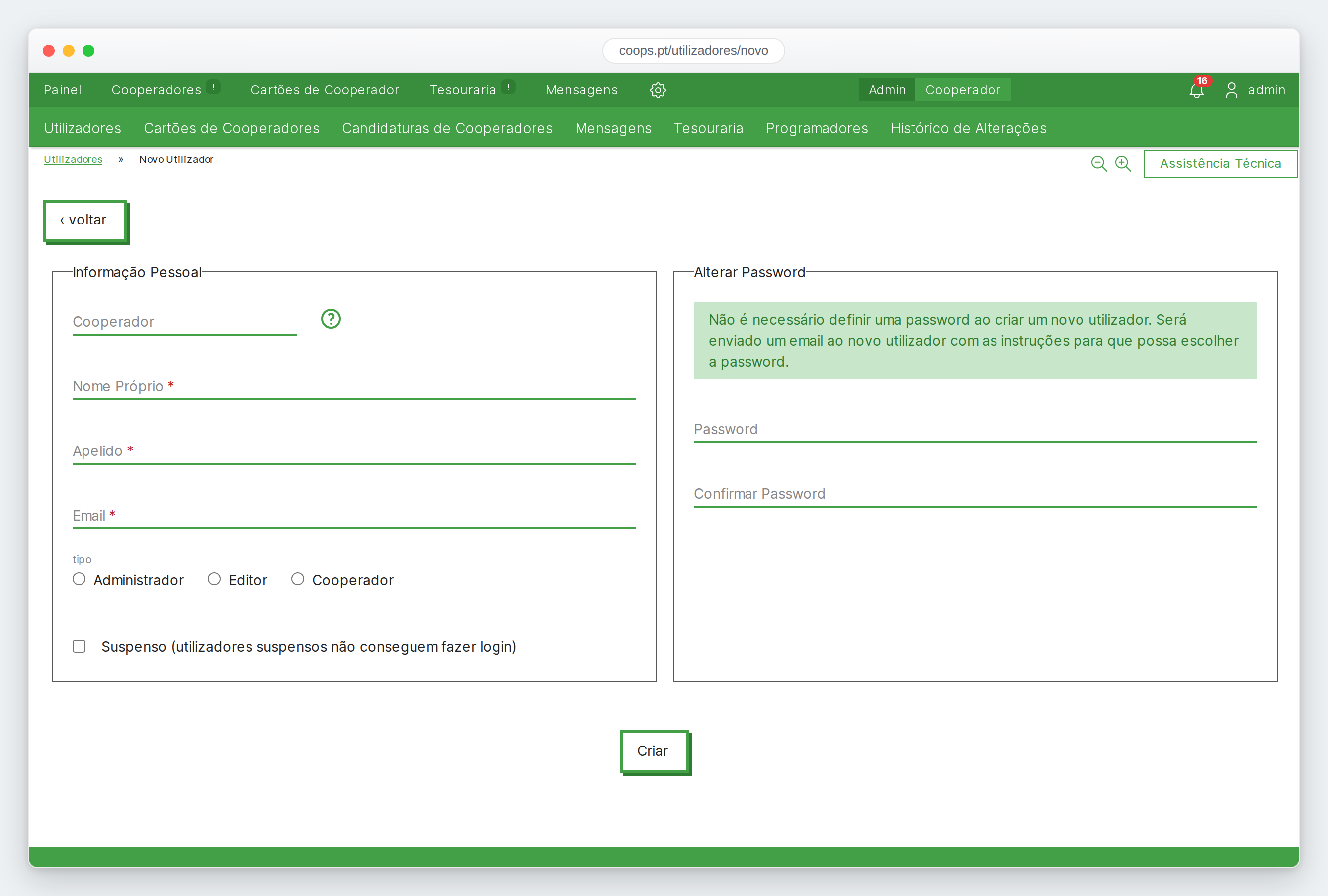 Formulário de novo utilizador, com o tipo e o email