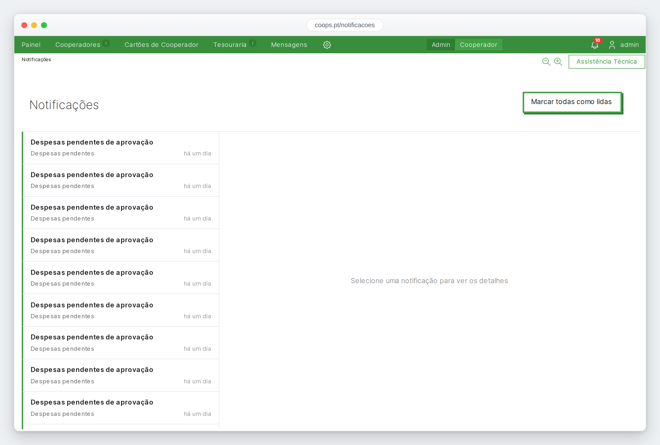 A lista de notificações, com o painel de detalhes ao lado
