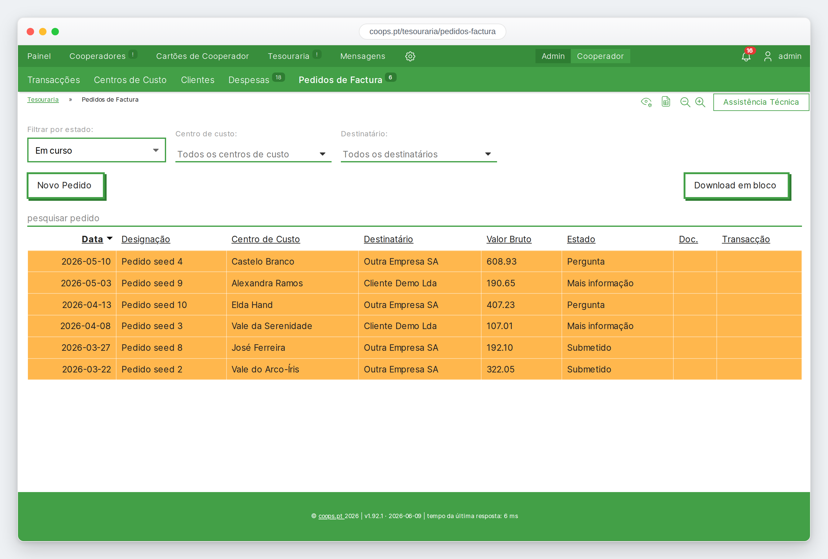 Lista de pedidos de factura, com os filtros e o botão Download em bloco